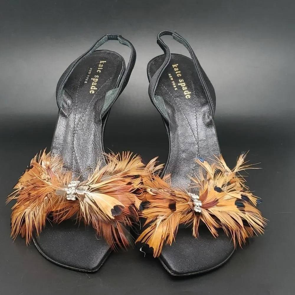 Kate Spade Black Satin Feather elegant Slingback kitten Heels Evening Shoes 9